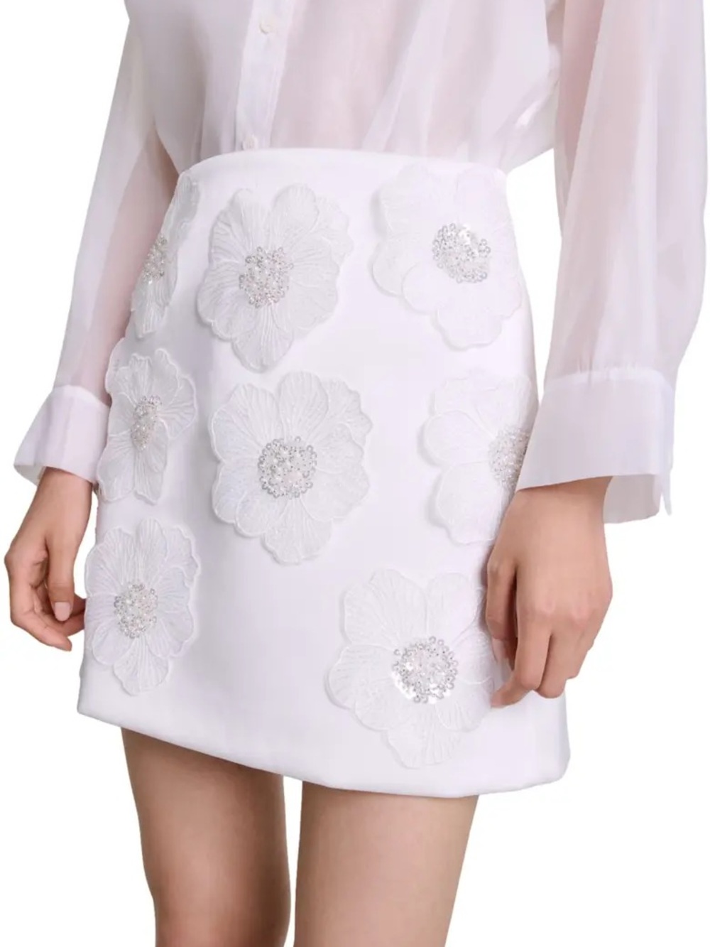 Maje Joliany Beaded Floral-Embroidered White Satin Skirt